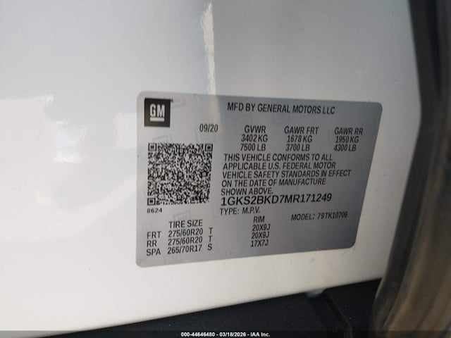 44646480 :رقم المزاد ، 1GKS2BKD7MR171249 vin ، 2021 Gmc Yukon 4wd Slt مزاد بيع