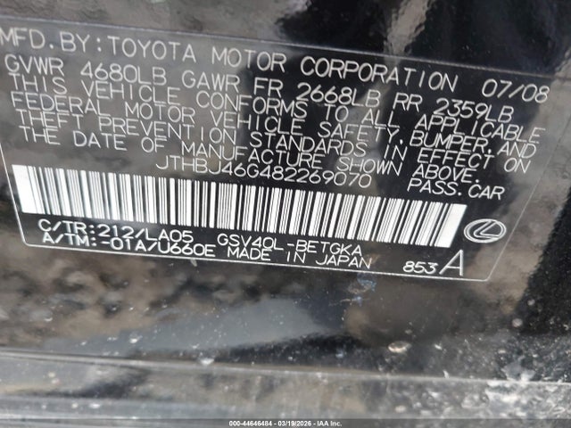 Продажа на аукционе авто 2008 Lexus Es 350, vin: JTHBJ46G482269070, номер лота: 44646484