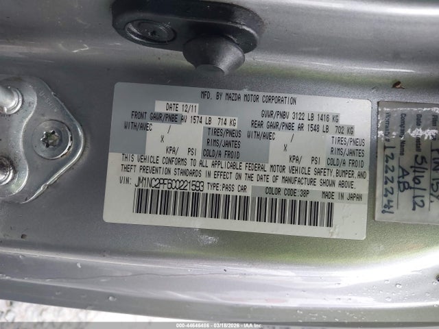 Продаж на аукціоні авто 2012 Mazda Mx-5 Miata Grand Touring, vin: JM1NC2PF6C0221593, номер лоту: 44646486
