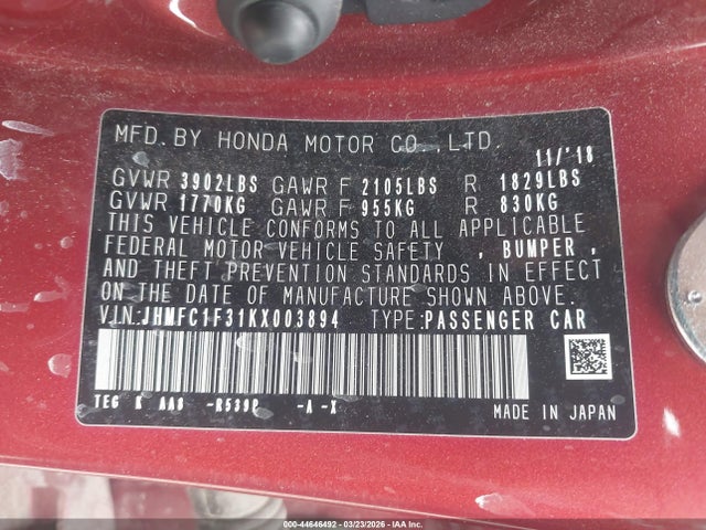 Honda CIVIC EX 2019 JHMFC1F31KX003894 Image 9