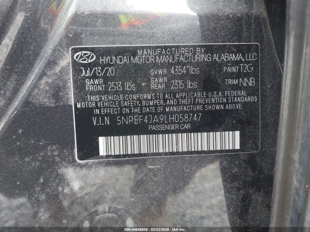 5NPEF4JA9LH058747 Hyundai SONATA SEL