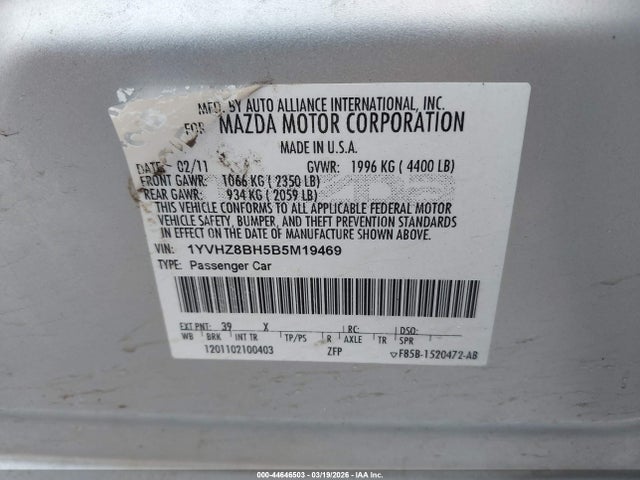 Продажа на аукционе авто 2011 Mazda Mazda6, vin: 1YVHZ8BH5B5M19469, номер лота: 44646503
