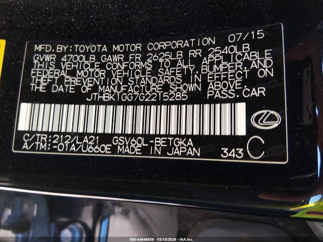 Продажа на аукционе авто 2016 Lexus Es 350, vin: JTHBK1GG7G2215285, номер лота: 44646506