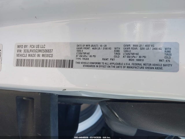 Aukcja sprzedaży 2021 Ram Promaster 2500 High Roof 159 Wb, vin: 3C6LRVDG3ME506837, numer aukcji: 44646509