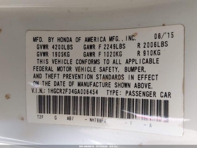1HGCR2F34GA006454 Honda ACCORD LX