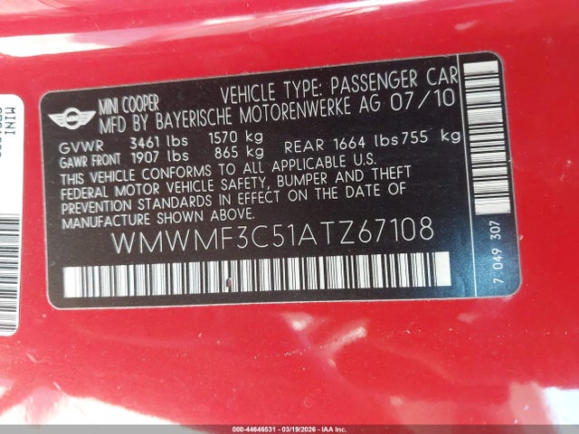 2010 MINI COOPER WMWMF3C51ATZ67108 Photo 8