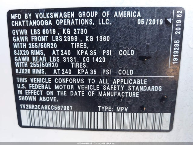 2019 VOLKSWAGEN ATLAS 1V2NR2CA8KC567987 Photo 8
