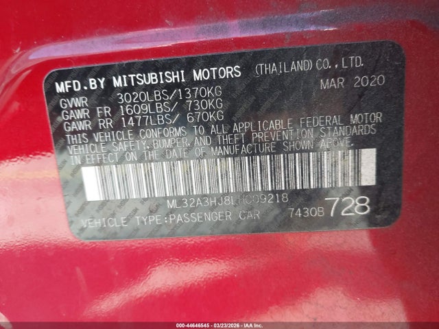 Продаж на аукціоні авто 2020 Mitsubishi Mirage Es/se, vin: ML32A3HJ8LH009218, номер лоту: 44646545