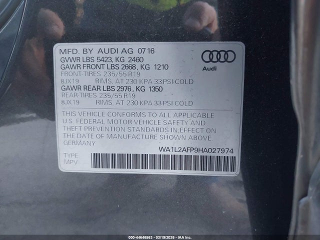 44646563 :رقم المزاد ، WA1L2AFP9HA027974 vin ، 2017 Audi Q5 2.0t Premium مزاد بيع