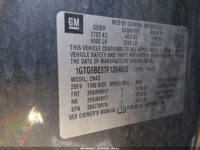 Aukcja sprzedaży 2015 Gmc Canyon Sle, vin: 1GTG6BE37F1204650, numer aukcji: 44646570