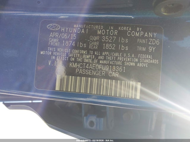 Продажа на аукционе авто 2015 Hyundai Accent Gls, vin: KMHCT4AE0FU913361, номер лота: 44646572