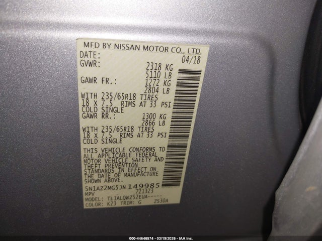5N1AZ2MG5JN149985 Nissan MURANO SV