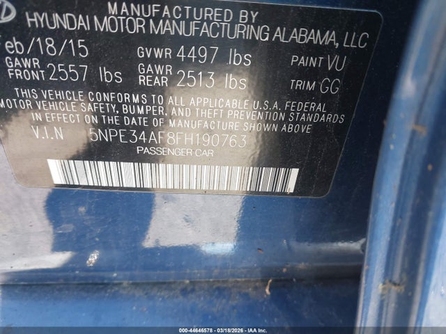 Auction sale of the 2015 Hyundai Sonata Sport, vin: 5NPE34AF8FH190763, lot number: 44646578