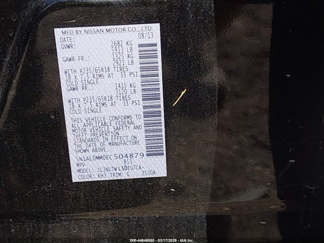 Aukcja sprzedaży 2014 Infiniti Qx60, vin: 5N1AL0MM0EC504879, numer aukcji: 44646580