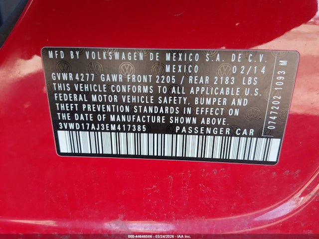 44646586 :رقم المزاد ، 3VWD17AJ3EM417385 vin ، 2014 Volkswagen Jetta 1.8t Se مزاد بيع