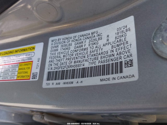 Honda Civic Lx 2024 2HGFE2F2XRH569514 Image 9