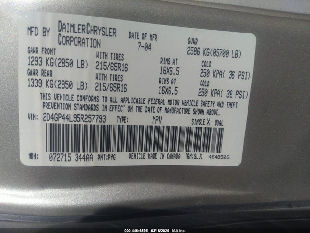 Aukcja sprzedaży 2005 Dodge Grand Caravan Sxt, vin: 2D4GP44L95R257793, numer aukcji: 44646595