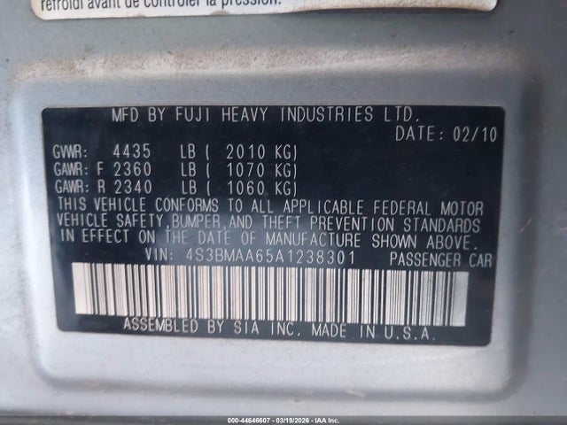 44646607 :رقم المزاد ، 4S3BMAA65A1238301 vin ، 2010 Subaru Legacy 2.5i مزاد بيع