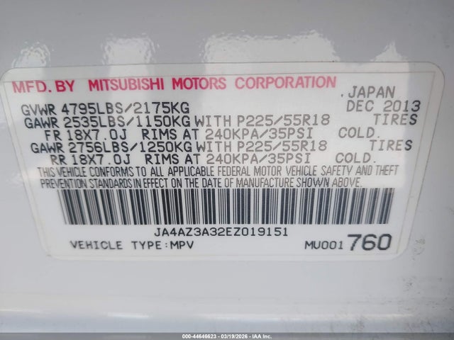Продаж на аукціоні авто 2014 Mitsubishi Outlander Se, vin: JA4AZ3A32EZ019151, номер лоту: 44646623