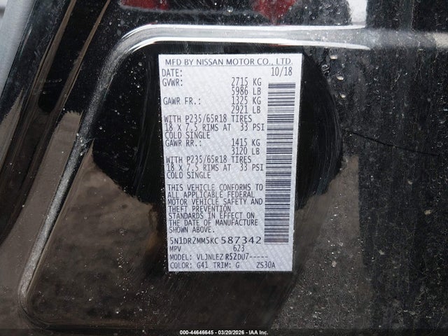 Nissan Pathfinder Sv 2019 5N1DR2MM5KC587342 Image 9