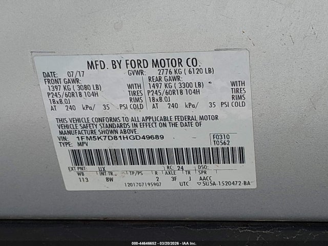 1FM5K7D81HGD49689 Ford EXPLORER XLT