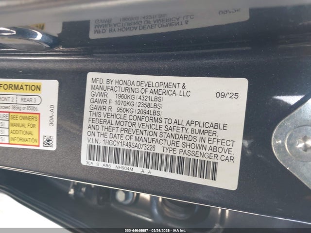 44646657 :رقم المزاد ، 1HGCY1F49SA073226 vin ، 2025 Honda Accord Se مزاد بيع