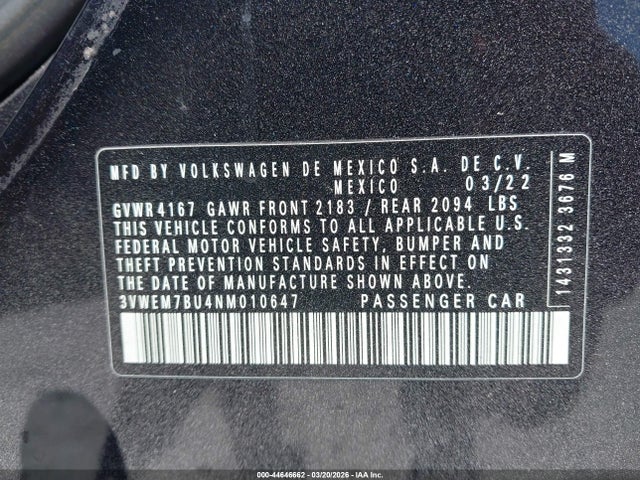 2022 Volkswagen Jetta 1.5t Se მანქანა იყიდება აუქციონზე, vin: 3VWEM7BU4NM010647, აუქციონის ნომერი: 44646662
