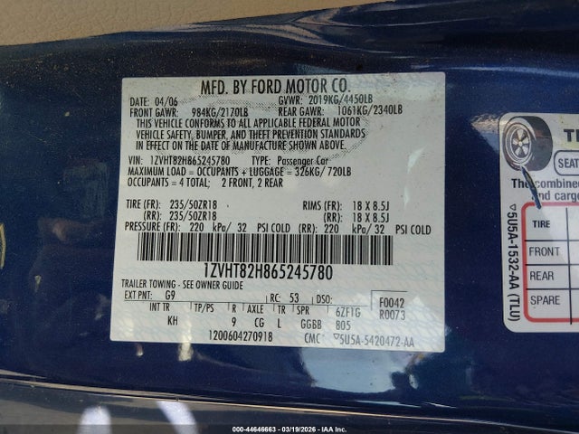 2006 FORD MUSTANG 1ZVHT82H865245780 Photo 8