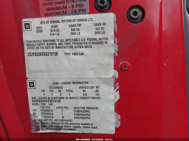 1999 PONTIAC FIREBIRD 2G2FS22KXX2219138 Photo 8