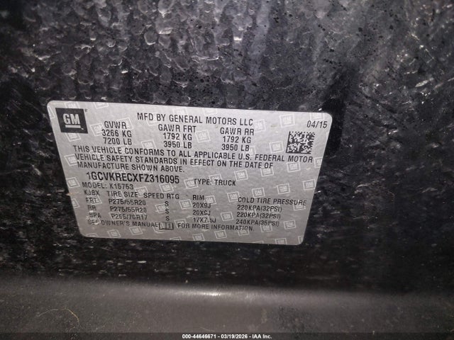 Продаж на аукціоні авто 2015 Chevrolet Silverado 1500 2lt, vin: 1GCVKRECXFZ316095, номер лоту: 44646671