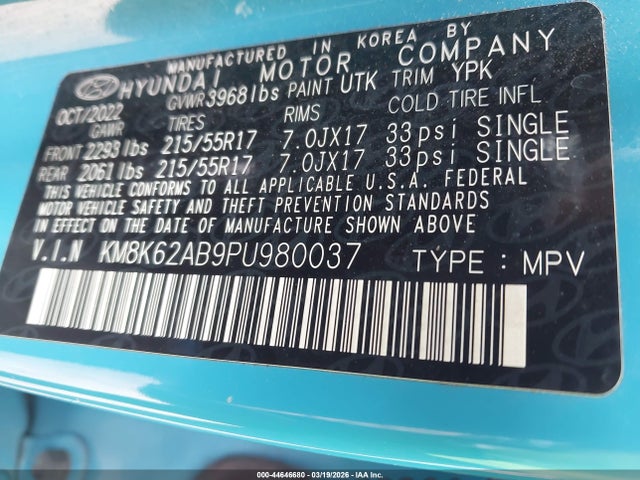 Aukcja sprzedaży 2023 Hyundai Kona Sel, vin: KM8K62AB9PU980037, numer aukcji: 44646680