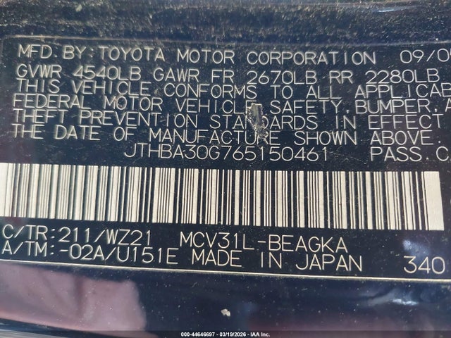 44646697 :رقم المزاد ، JTHBA30G765150461 vin ، 2006 Lexus Es 330 مزاد بيع