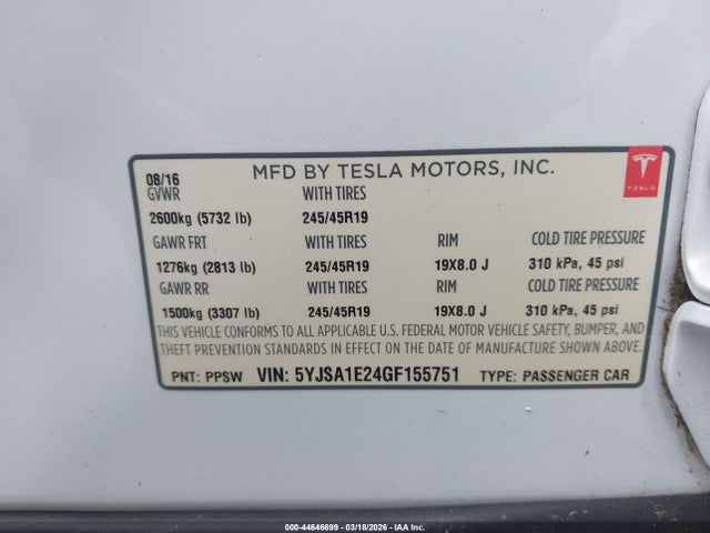 2016 Tesla Model S 60d/70d/75d/85d/90d მანქანა იყიდება აუქციონზე, vin: 5YJSA1E24GF155751, აუქციონის ნომერი: 44646699