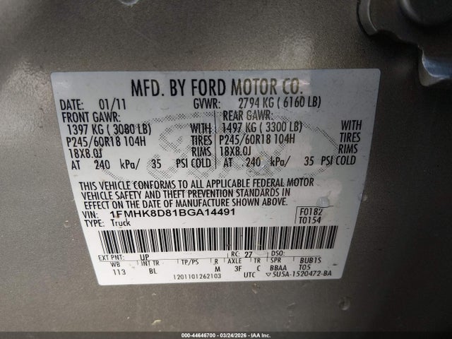 2011 Ford Explorer Xlt მანქანა იყიდება აუქციონზე, vin: 1FMHK8D81BGA14491, აუქციონის ნომერი: 44646700