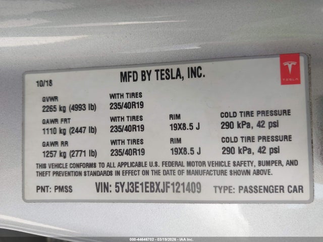 Tesla Model 3 Long Range/performance 2018 5YJ3E1EBXJF121409 Image 9