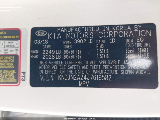 2018 Kia Soul მანქანა იყიდება აუქციონზე, vin: KNDJN2A24J7619582, აუქციონის ნომერი: 44646714