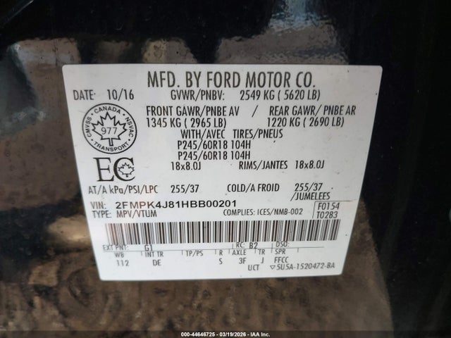 44646725 :رقم المزاد ، 2FMPK4J81HBB00201 vin ، 2017 Ford Edge Sel مزاد بيع