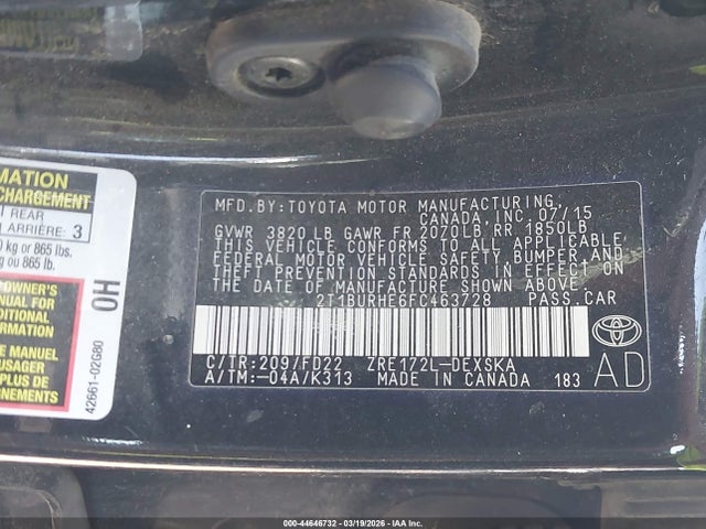 44646732 :رقم المزاد ، 2T1BURHE6FC463728 vin ، 2015 Toyota Corolla S Plus مزاد بيع