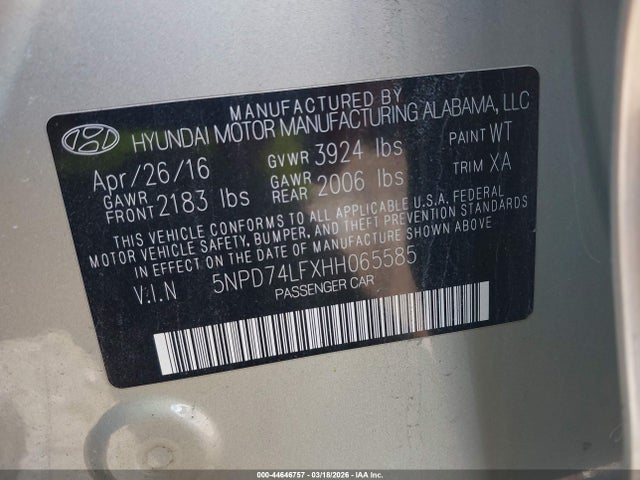 2017 Hyundai Elantra Se მანქანა იყიდება აუქციონზე, vin: 5NPD74LFXHH065585, აუქციონის ნომერი: 44646757