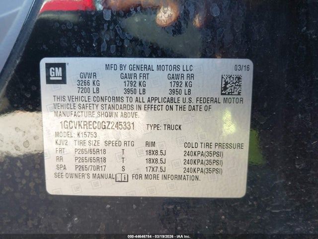 44646784 :رقم المزاد ، 1GCVKREC0GZ245331 vin ، 2016 Chevrolet Silverado 1500 2lt مزاد بيع