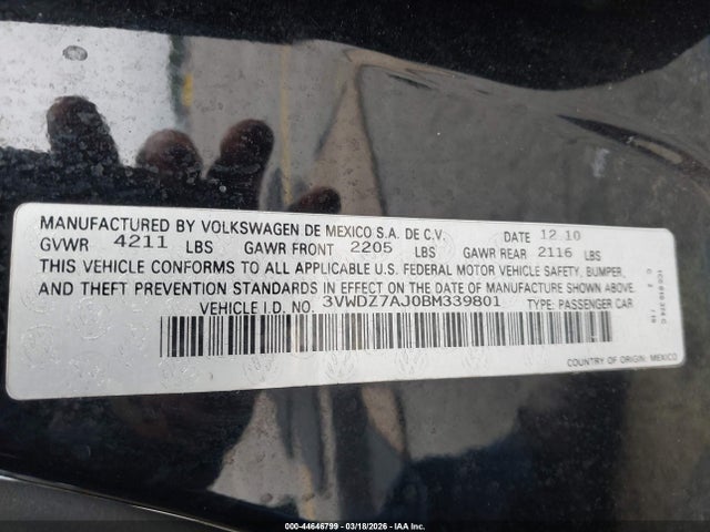 Продаж на аукціоні авто 2011 Volkswagen Jetta 2.5l Se, vin: 3VWDZ7AJ0BM339801, номер лоту: 44646799