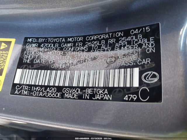 Aukcja sprzedaży 2015 Lexus Es 350, vin: JTHBK1GG3F2197317, numer aukcji: 44646806