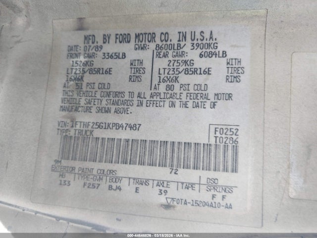1989 FORD F250 1FTHF25G1KPB47487 Photo 8