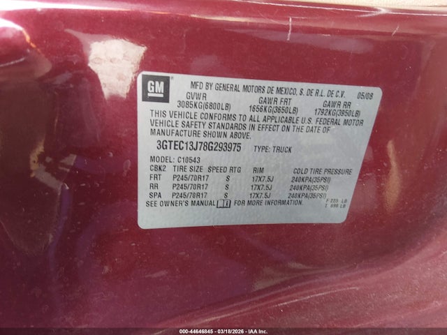 Aukcja sprzedaży 2008 Gmc Sierra 1500 Sle1, vin: 3GTEC13J78G293975, numer aukcji: 44646845