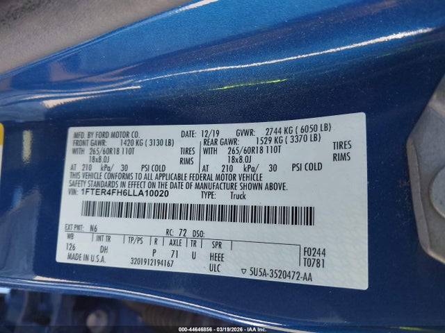Продажа на аукционе авто 2020 Ford Ranger Lariat, vin: 1FTER4FH6LLA10020, номер лота: 44646856