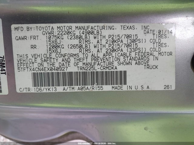2014 Toyota Tacoma მანქანა იყიდება აუქციონზე, vin: 5TFTX4CN4EX040927, აუქციონის ნომერი: 44646877