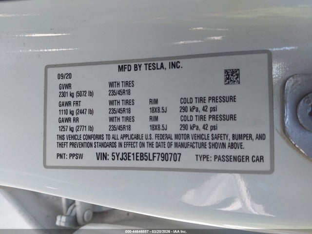 Aukcja sprzedaży 2020 Tesla Model 3 Long Range Dual Motor All-wheel Drive, vin: 5YJ3E1EB5LF790707, numer aukcji: 44646887