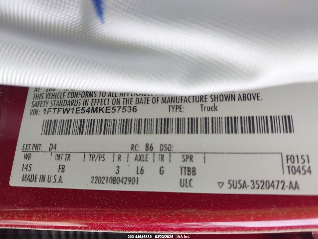 Aukcja sprzedaży 2021 Ford F-150 Xlt, vin: 1FTFW1E54MKE57536, numer aukcji: 44646889