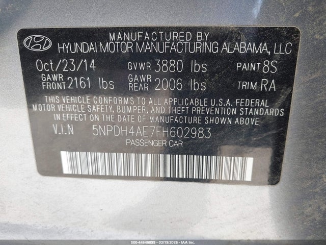 Aukcja sprzedaży 2015 Hyundai Elantra Se, vin: 5NPDH4AE7FH602983, numer aukcji: 44646899