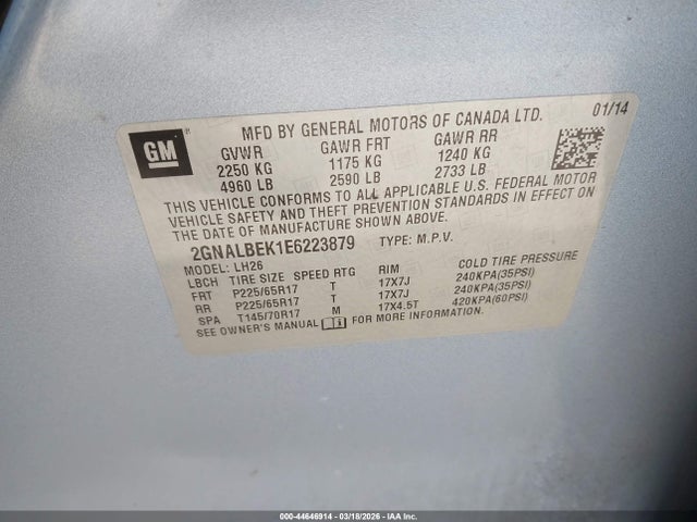 2014 Chevrolet Equinox 1lt მანქანა იყიდება აუქციონზე, vin: 2GNALBEK1E6223879, აუქციონის ნომერი: 44646914